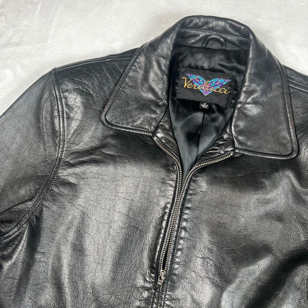 Verducci Black Leather Jacket Womens 14 Zip Front Long Sleeve Collared Classic